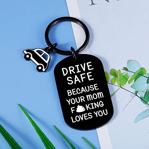 Funny New Driver Gift Drive Safe Your Mom Loves You Keychain for Son Daughter from Mom Dad Valentine for Teens Adult Boys Girls Stocking Stuffer Trucker BFF 16th Birthday Gift Promise Keyring Him Her