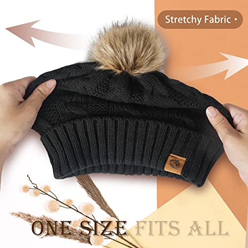 Winter Beanie Hats Gifts for Women - Christmas Stocking Stuffers Birthday Gifts Unique for Women Teens Girls Black Warm knit Beanies Hat with Fur Pom Fashion Skull Cap Slouchy for Ladies Unisex Adults