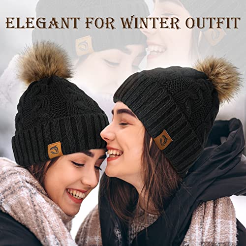 Winter Beanie Hats Gifts for Women - Christmas Stocking Stuffers Birthday Gifts Unique for Women Teens Girls Black Warm knit Beanies Hat with Fur Pom Fashion Skull Cap Slouchy for Ladies Unisex Adults