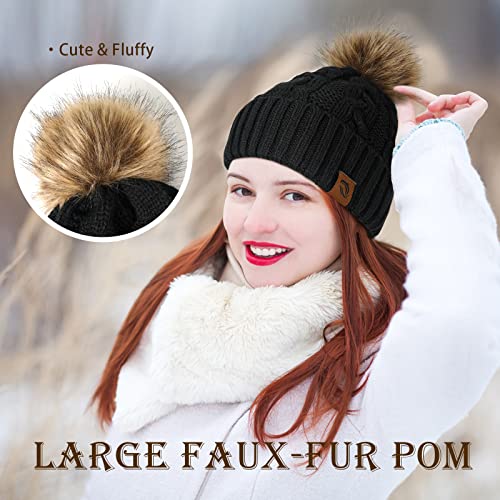 Winter Beanie Hats Gifts for Women - Christmas Stocking Stuffers Birthday Gifts Unique for Women Teens Girls Black Warm knit Beanies Hat with Fur Pom Fashion Skull Cap Slouchy for Ladies Unisex Adults