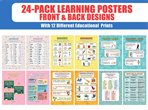 Creanoso English Vocabulary and Grammar Educational Learning Posters (24-Pack) - Premium Quality Gift Ideas for Children, Teens, & Adults for All Occasions - Stocking Stuffers Party Favor & Giveaways