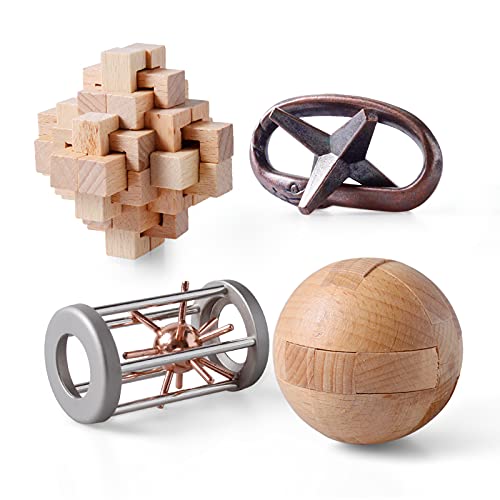 ActPo 4Pcs Wooden and Metal Puzzles Gift for Kids and Adult Educational Toys Office Toys 3D Unlock Interlock Assorted Brain Teasers Puzzles