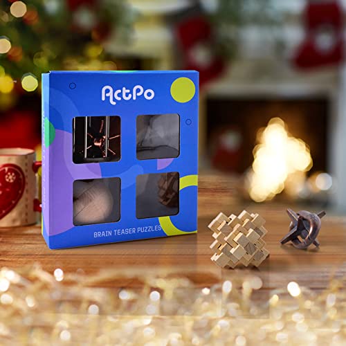 ActPo 4Pcs Wooden and Metal Puzzles Gift for Kids and Adult Educational Toys Office Toys 3D Unlock Interlock Assorted Brain Teasers Puzzles