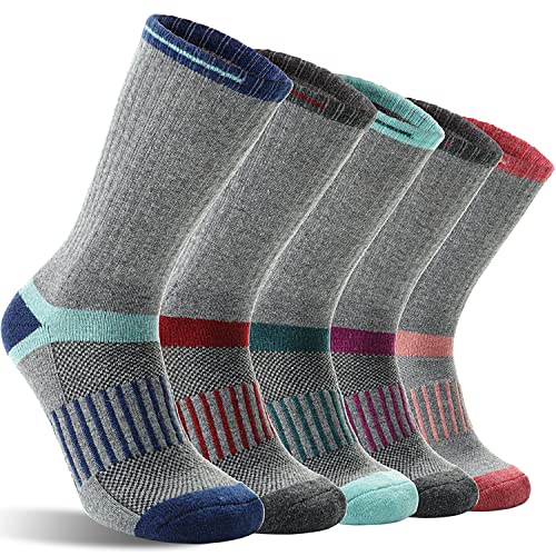 Merino Wool Hiking Socks for Women Men Warm Thermal Winter Cozy Boot Work Crew Socks Gifts Stocking Stuffers 5 Pairs (Light Stripes B,M)