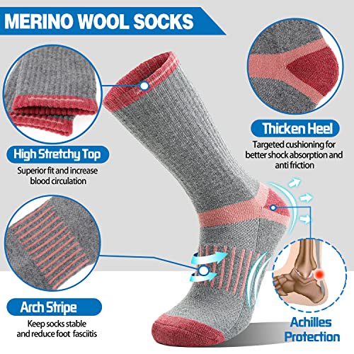 Merino Wool Hiking Socks for Women Men Warm Thermal Winter Cozy Boot Work Crew Socks Gifts Stocking Stuffers 5 Pairs (Light Stripes B,M)