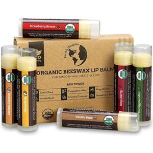 usda organic lip balm 6-pack by earth’s daughter – fruit flavors, beeswax, coconut oil, vitamin e – best lip repair chapstick for dry cracked lips – moisturizing lip care for kids and adults