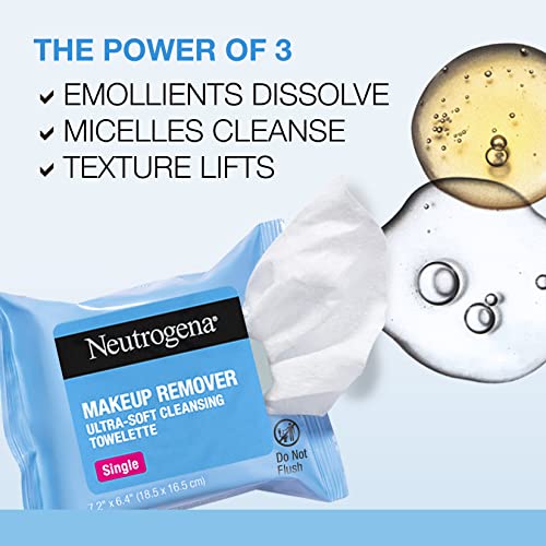 Neutrogena Makeup Remover Facial Cleansing Towelette Singles, Daily Face Wipes Remove Dirt, Oil, Makeup & Waterproof Mascara, Gentle, Individually Wrapped, 100% Plant-Based Fibers, 20 ct