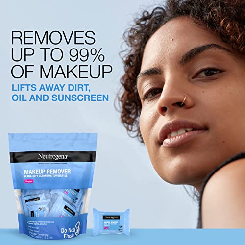 Neutrogena Makeup Remover Facial Cleansing Towelette Singles, Daily Face Wipes Remove Dirt, Oil, Makeup & Waterproof Mascara, Gentle, Individually Wrapped, 100% Plant-Based Fibers, 20 ct