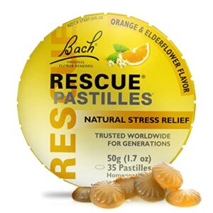 bach rescue pastilles, orange and elderflower flavor, natural stress relief lozenges, homeopathic flower essence, vegetarian, gluten & sugar-free, 35 count
