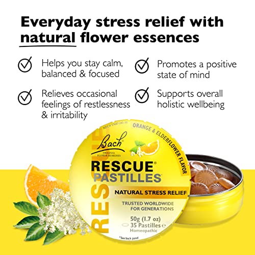 Bach RESCUE PASTILLES, Orange and Elderflower Flavor, Natural Stress Relief Lozenges, Homeopathic Flower Essence, Vegetarian, Gluten & Sugar-Free, 35 Count