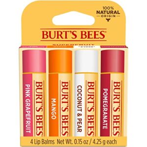 burt’s bees lip balm easter basket stuffers, moisturizing lip care spring gift, for all day hydration, 100% natural, superfruit – pomegranate, coconut & pear, mango, pink grapefruit (4 pack)