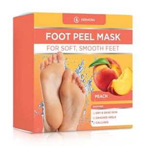 dermora foot peel mask – 2 pack of regular size skin exfoliating foot masks for dry, cracked feet, callus, dead skin remover – feet peeling mask for baby soft feet, peach scent
