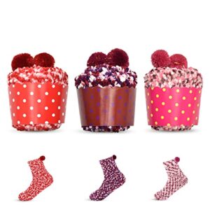 yawcorp stocking stuffers for women, cozy socks fuzzy socks for women, christmas gifts cupcake socks birthday gifts for mom sister wife, 3 pairs (red, purple, pink), one size