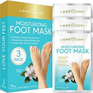 love, lori foot mask moisturizing 3 pairs ultra hydrating foot mask for dry cracked feet, (non-peel) with hyaluronic acid, shea butter & coconut oil – great self care gifts for women & men