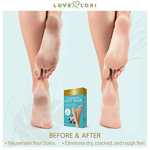LOVE, LORI Foot Mask Moisturizing 3 Pairs Ultra Hydrating Foot Mask for Dry Cracked Feet, (NON-PEEL) with Hyaluronic Acid, Shea Butter & Coconut Oil – Great Self Care Gifts for Women & Men