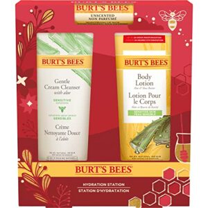burt’s bees christmas gifts, 3 body care stocking stuffers products, hydration station set – unscented lip balm, gentle cream cleanser & aloe shea butter body lotion