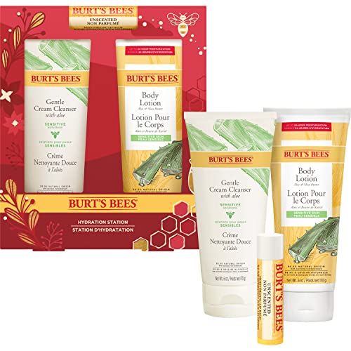 Burt's Bees Christmas Gifts, 3 Body Care Stocking Stuffers Products, Hydration Station Set - Unscented Lip Balm, Gentle Cream Cleanser & Aloe Shea Butter Body Lotion