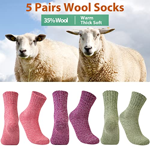 5 Pairs Wool Socks for Women Gifts Winter Warm Thick Knit Cabin Cozy Crew Socks Multi G