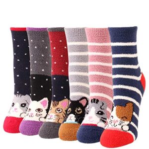 marjunsep fuzzy socks for women big kids cute fun cat dog owl fluffy cozy animal slipper socks stocking stuffers gifts (6 pairs cat)
