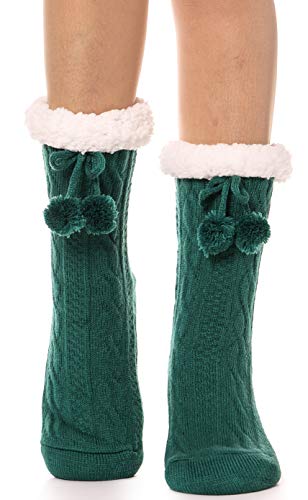 Anlisim Women Slipper Socks Fluffy Fuzzy Cabin Cozy Winter Warm Comfy Soft Fleece Thick Home Stocking Stuffers with Grips Non Skid Gift Socks（Ball (Green)）