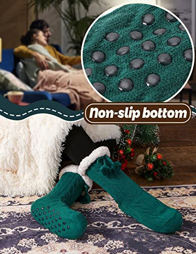 Anlisim Women Slipper Socks Fluffy Fuzzy Cabin Cozy Winter Warm Comfy Soft Fleece Thick Home Stocking Stuffers with Grips Non Skid Gift Socks（Ball (Green)）