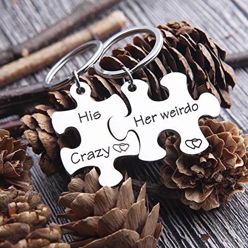 Couples Keychains Set His Crazy Her Weirdo Best Christmas Gifts Stocking stuffer Birthday Gift for Couple Husband Wife Girlfriend Boyfriend Him Her Personalized Puzzle Piece Pendant Key Chain Charm