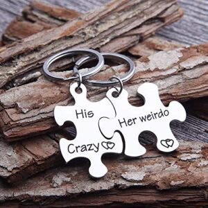 Couples Keychains Set His Crazy Her Weirdo Best Christmas Gifts Stocking stuffer Birthday Gift for Couple Husband Wife Girlfriend Boyfriend Him Her Personalized Puzzle Piece Pendant Key Chain Charm