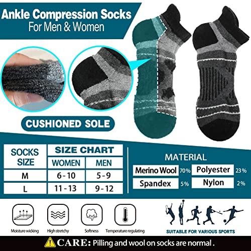 Merino Wool Ankle Hiking Socks Compression Warm Winter Thermal Thick Cushion No Show Running Moisture Wicking Socks Gifts Stocking Stuffers for Men Women 6 Pairs(Black，L)