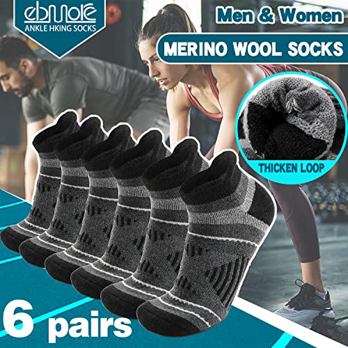 Merino Wool Ankle Hiking Socks Compression Warm Winter Thermal Thick Cushion No Show Running Moisture Wicking Socks Gifts Stocking Stuffers for Men Women 6 Pairs(Black，L)