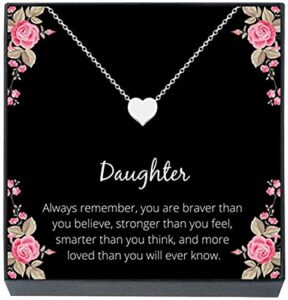 daughter heart necklace jewelry gift from mom, dad, “braver, stronger, smarter, loved” quote for women teens, jewelry for daughter birthday, sweet 16, christmas, stocking stuffers gifts from mother/father (silver)