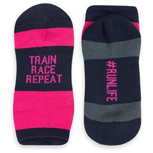 gone for a run inspirational athletic running socks | women’s woven low cut | inspirational slogans | over 25 styles (train race repeat (pink/navy))
