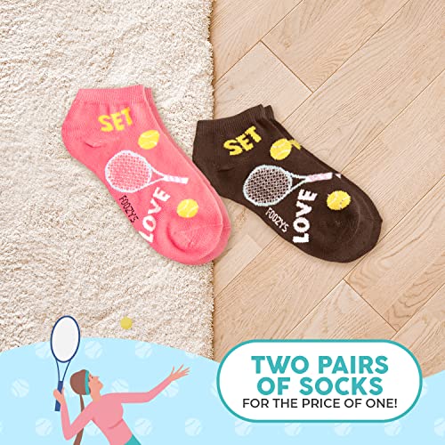 Foozys Women’s Low Cut No Show Socks - Tennis Cute Sport Themed Fashion Novelty Sock for Women - 2 Pairs Included in Two Colors - Girl Gifts, Sporty Racket Ball Stocking Stuffers