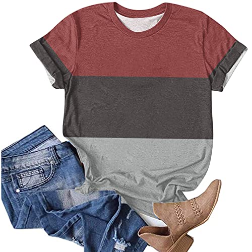 Womens Color Block Crewneck Shirts Short Sleeve Casual Tops Tee Comfy Summer Ombre T-Shirts Trendy Blouses Outfits 2023