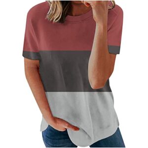 Womens Color Block Crewneck Shirts Short Sleeve Casual Tops Tee Comfy Summer Ombre T-Shirts Trendy Blouses Outfits 2023