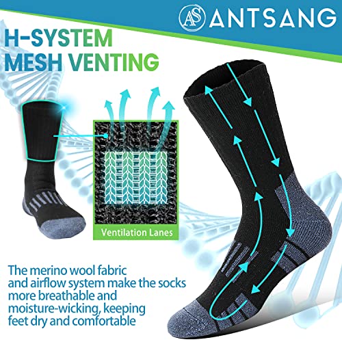 ANTSANG Merino Wool Socks for Men & Women Thermal Winter Hiking Warm Thick Crew Cozy Boot Work Gift Snowboarding Socks Stocking Stuffers 4 Pairs(Stripe-Black(4 Pairs))