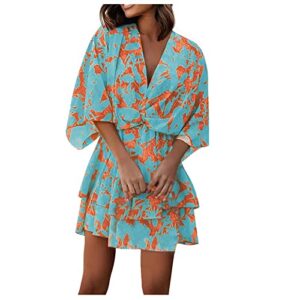 summer dresses for women 2023 beach casual v neck boho floral dress hide belly fat 3/4 sleeve loose fit cute mini sundress spring fashion going out dress clothes hawaiian dresses(a blue,x-large)