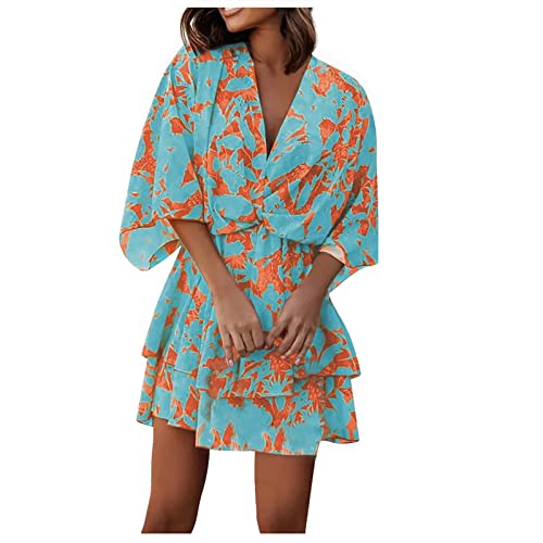 Summer Dresses For Women 2023 Beach Casual V Neck Boho Floral Dress Hide Belly Fat 3/4 Sleeve Loose Fit Cute Mini Sundress Spring Fashion Going Out Dress Clothes Hawaiian Dresses(A Blue,X-Large)