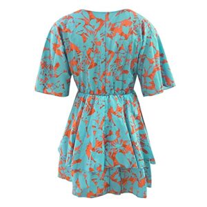 Summer Dresses For Women 2023 Beach Casual V Neck Boho Floral Dress Hide Belly Fat 3/4 Sleeve Loose Fit Cute Mini Sundress Spring Fashion Going Out Dress Clothes Hawaiian Dresses(A Blue,X-Large)