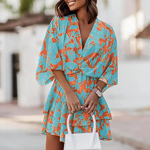 Summer Dresses For Women 2023 Beach Casual V Neck Boho Floral Dress Hide Belly Fat 3/4 Sleeve Loose Fit Cute Mini Sundress Spring Fashion Going Out Dress Clothes Hawaiian Dresses(A Blue,X-Large)