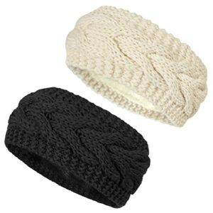 2 pieces womens ear warmer headband cable knit winter headbands fleece lined ear warmers stocking stuffers gifts,b-black,beige