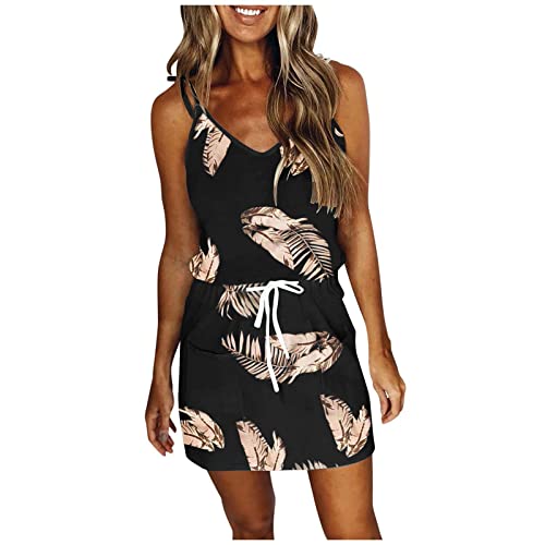 Beach Dresses for Women Summer 2023 Trendy Halter Strap Mini Sundress Boho Printed Casual Loose Pocket Sundress Going Out Fashion Clothes Cruise Wear Vacation Short Dress(D Black,Medium)