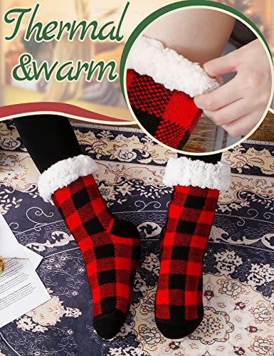 Fuzzy Socks for Women Slipper Fluffy Buffalo Plaid Cabin Cozy Winter Thick Warm Comfy Sherpa Fleece Sleep Plush Home Grips Socks Christmas White Elephant Gift Stocking Stuffer for Wife Her Teenage-Red