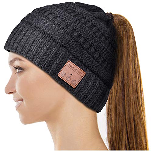 Bluetooth Beanie Hat for Women - Stocking Stuffer Gifts for Women Ponytail Cap, Upgraded Bluetooth 5.0 Winter Warm Hat Wireless Headphones with HD Stereo Speakers Built-in Microphone, for Girls.