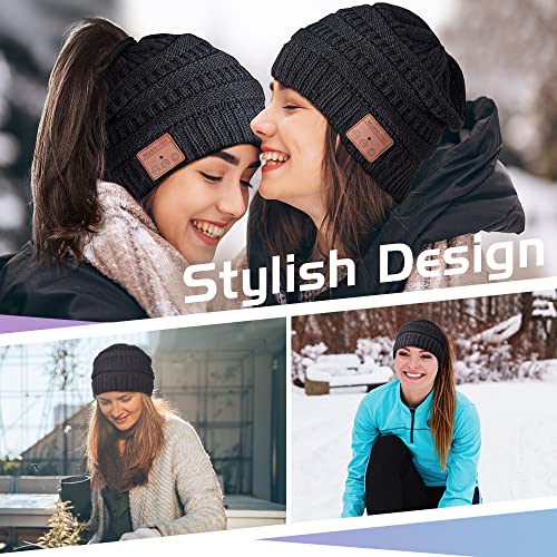 Bluetooth Beanie Hat for Women - Stocking Stuffer Gifts for Women Ponytail Cap, Upgraded Bluetooth 5.0 Winter Warm Hat Wireless Headphones with HD Stereo Speakers Built-in Microphone, for Girls.