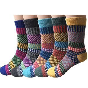 pack of 5 womens vintage style cotton knitting wool warm winter fall crew socks, mixed color 2, one size