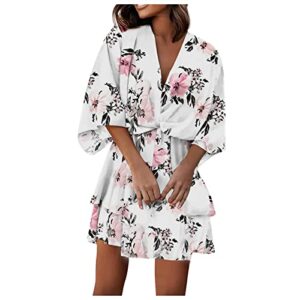 womens dresses 2023 summer v neck 3/4 sleeve casual loose beach dress plus size floral swing a-line short dresses vacation outfits for women cute spring clothes mini resort wear(a white,small)
