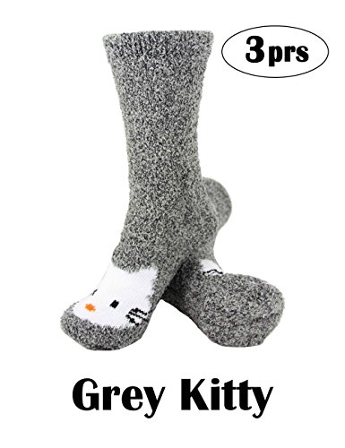 BambooMN Kitty Hello Socks For Women, Non-Slip Warm Fuzzy Crew Socks, Christmas Kitty Stocking Stuffer, gray, 3 pair