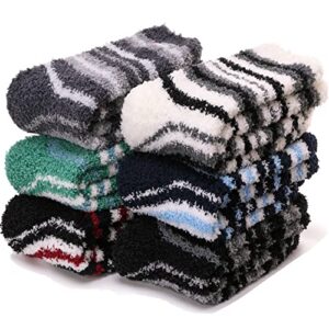 fuzzy slipper socks with grips for mens womens non slip hospital socks anti skid winter fluffy warm cozy cabin soft crew sleep socks 6 pairs gift stocking stuffer (stripes pattern b)