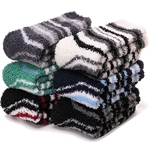 Fuzzy Slipper Socks with Grips for Mens Womens Non Slip Hospital Socks Anti Skid Winter Fluffy Warm Cozy Cabin Soft Crew Sleep Socks 6 Pairs Gift Stocking Stuffer (Stripes Pattern B)