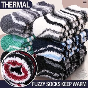 Fuzzy Slipper Socks with Grips for Mens Womens Non Slip Hospital Socks Anti Skid Winter Fluffy Warm Cozy Cabin Soft Crew Sleep Socks 6 Pairs Gift Stocking Stuffer (Stripes Pattern B)